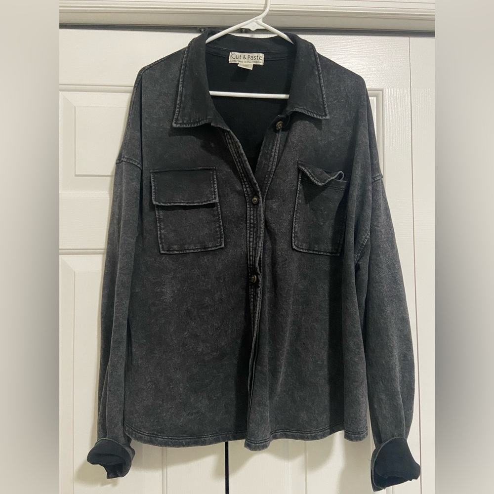 Black Acid Wash Oversized Button Up Long Sleeve